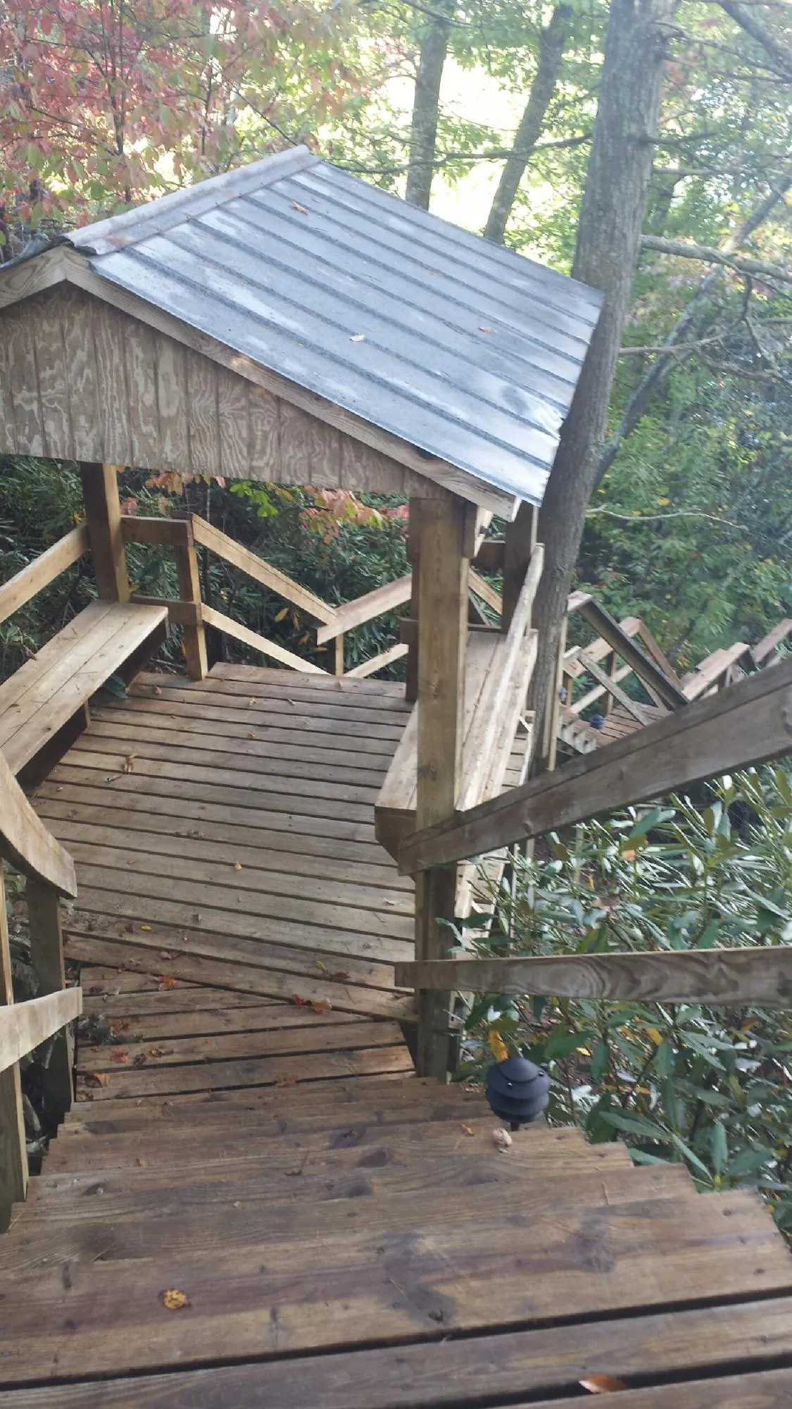 Metal roofed shelter over wooden steps on a wooded walkway — Skylight Repair & Installation work by our crew in Pamplin